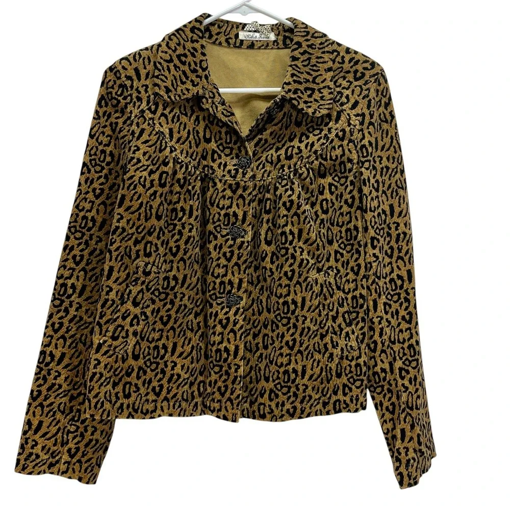 Kikit Jeans Leopard Print Corduroy Cropped‎ Swing Jacket Rose Button Detail